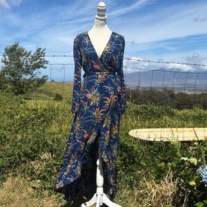 XIX Palms Hawaii Tropical Resort Wear Blue Flare sleeve Wrap Dress Romantic
